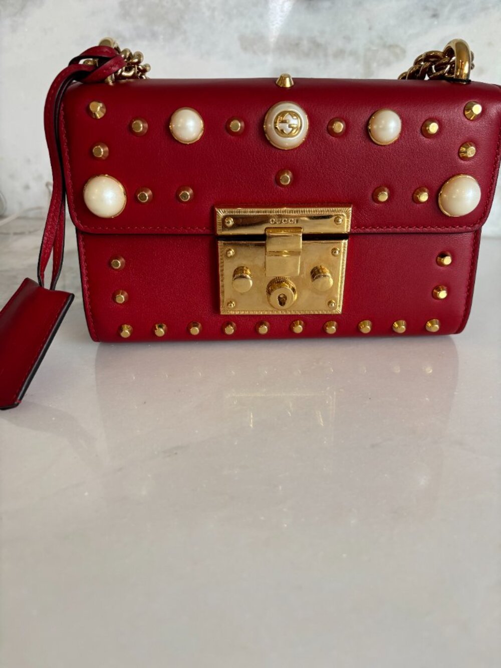 Gucci Pearly Padlock Studded Leather Small Crossbody